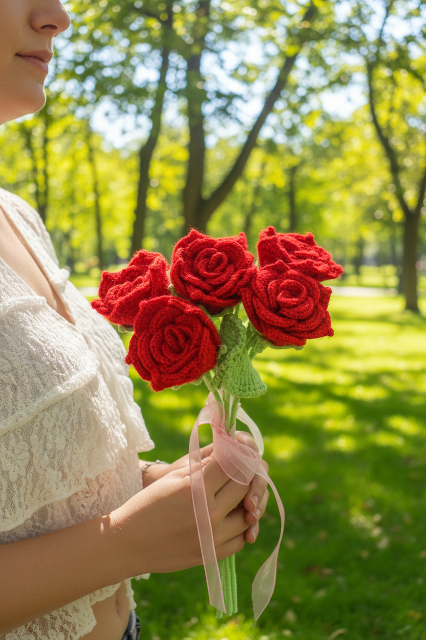 Crochet Pink Rose Bouquet