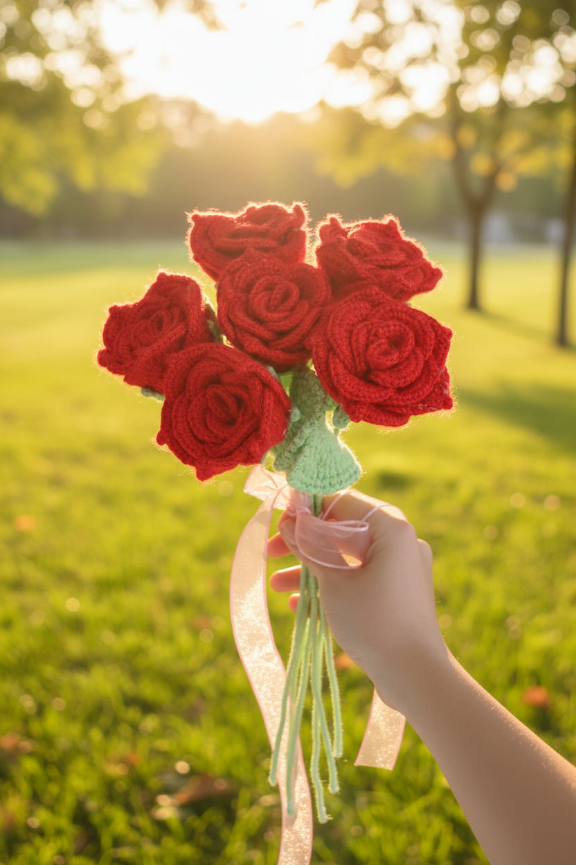 Crochet Pink Rose Bouquet