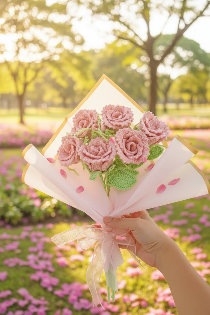 Crochet Pink Rose Bouquet