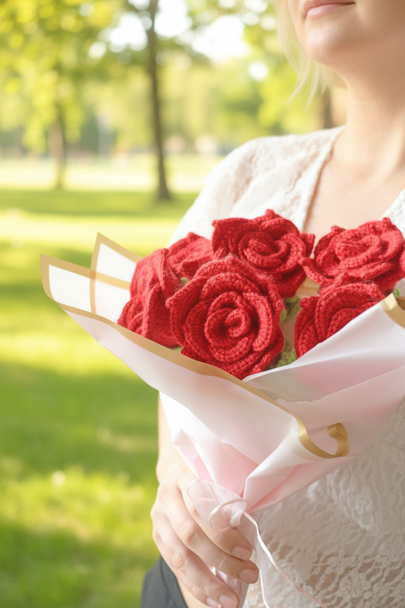 Crochet Pink Rose Bouquet