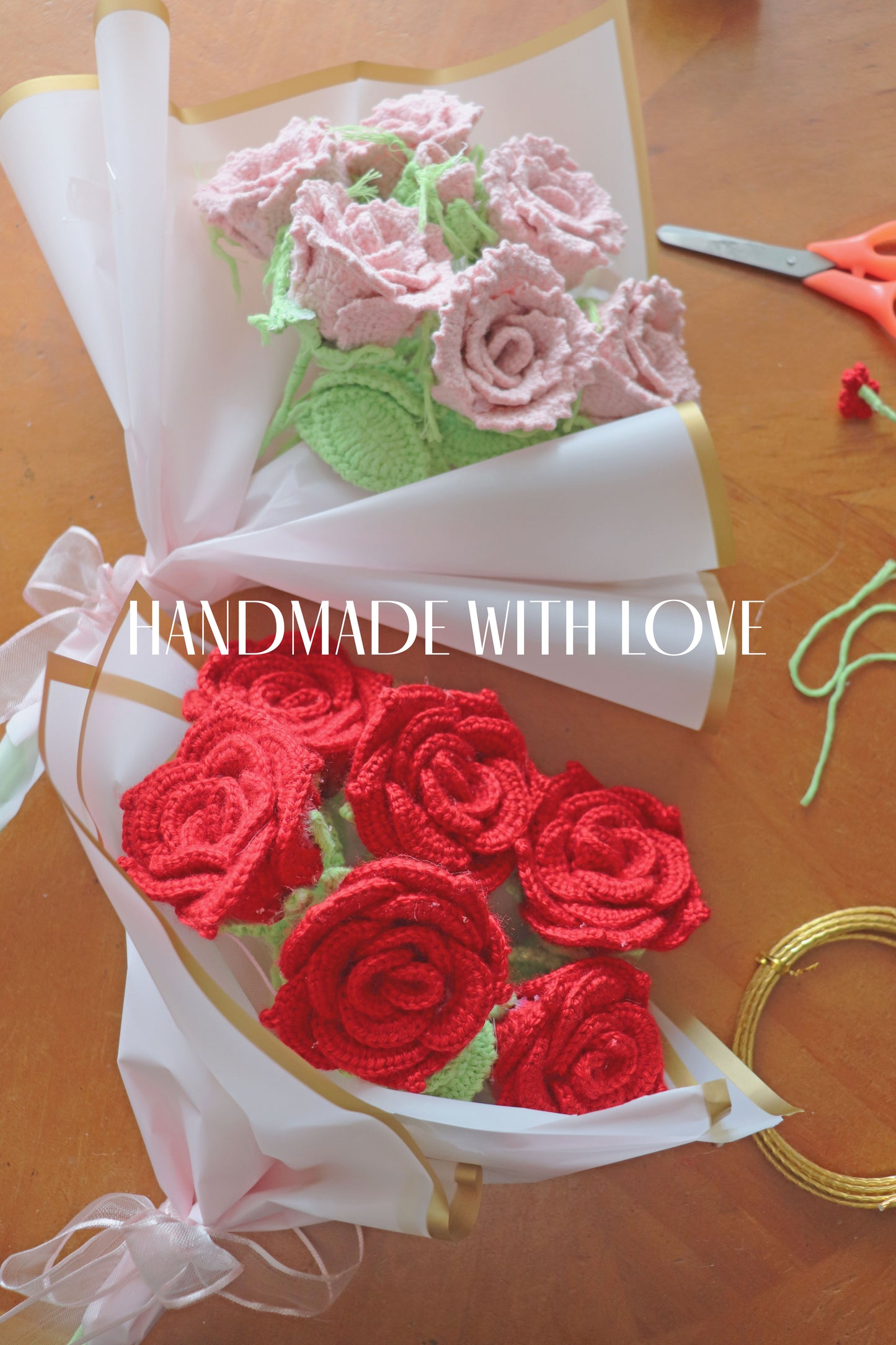Crochet Pink Rose Bouquet