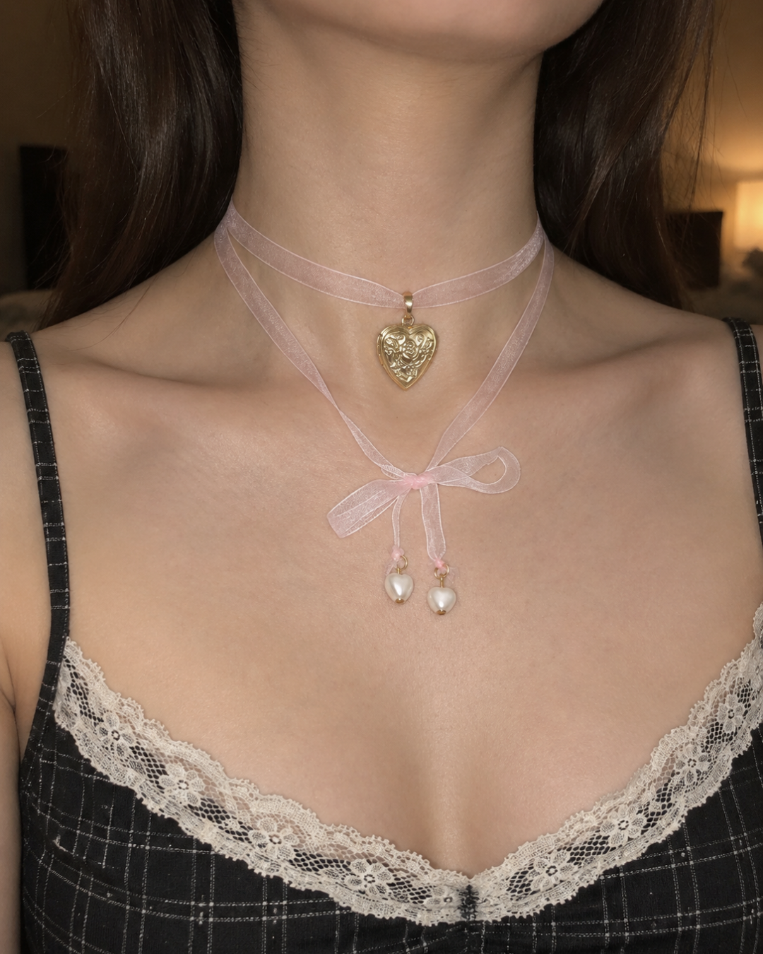 Pink Ribbon Heart Locket Necklace