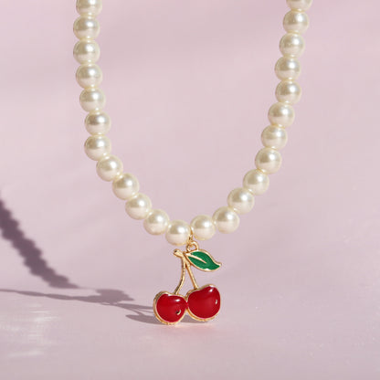 Coquette Cherry Pendant Pearl Necklace