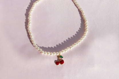 Coquette Cherry Pendant Pearl Necklace