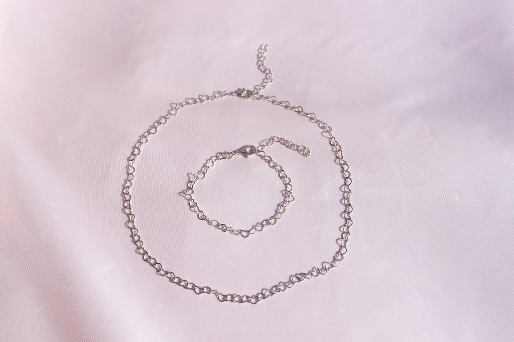 Heart Link Chain Necklace and Bracelet Set
