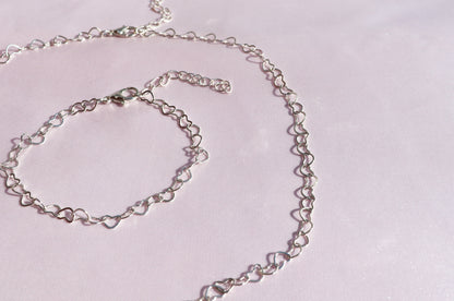 Heart Link Chain Necklace and Bracelet Set