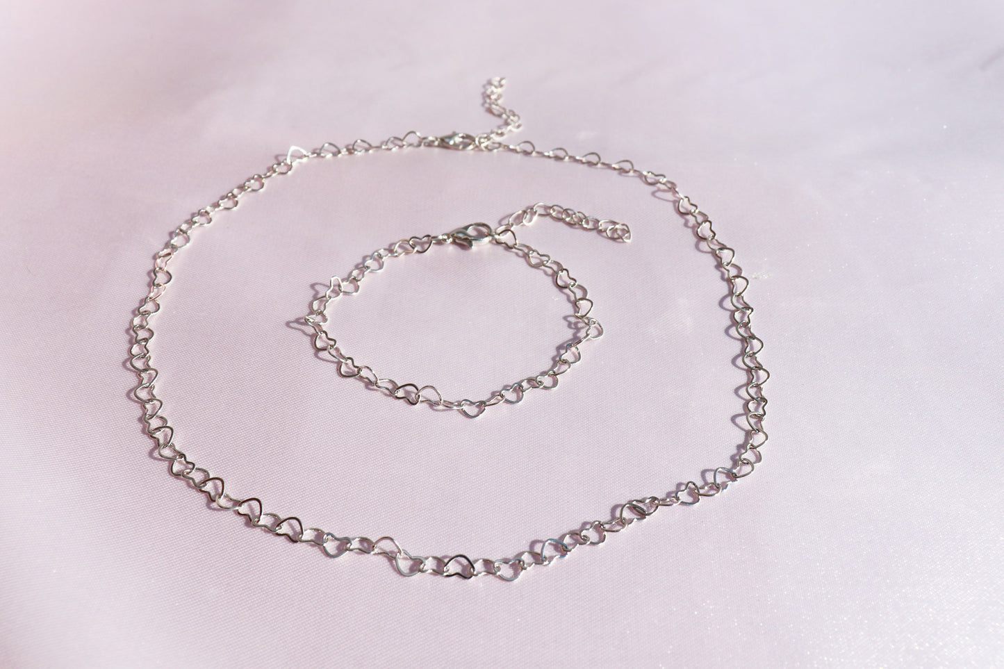 Heart Link Chain Necklace and Bracelet Set