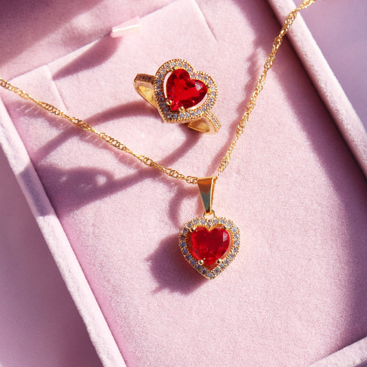 Red Heart Necklace and Ring Set